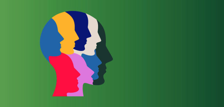 Eine farbenfrohe Illustration der Gesichter mehrerer Personen im Profil, die sich überlappen und Vielfalt und Einheit symbolisieren.